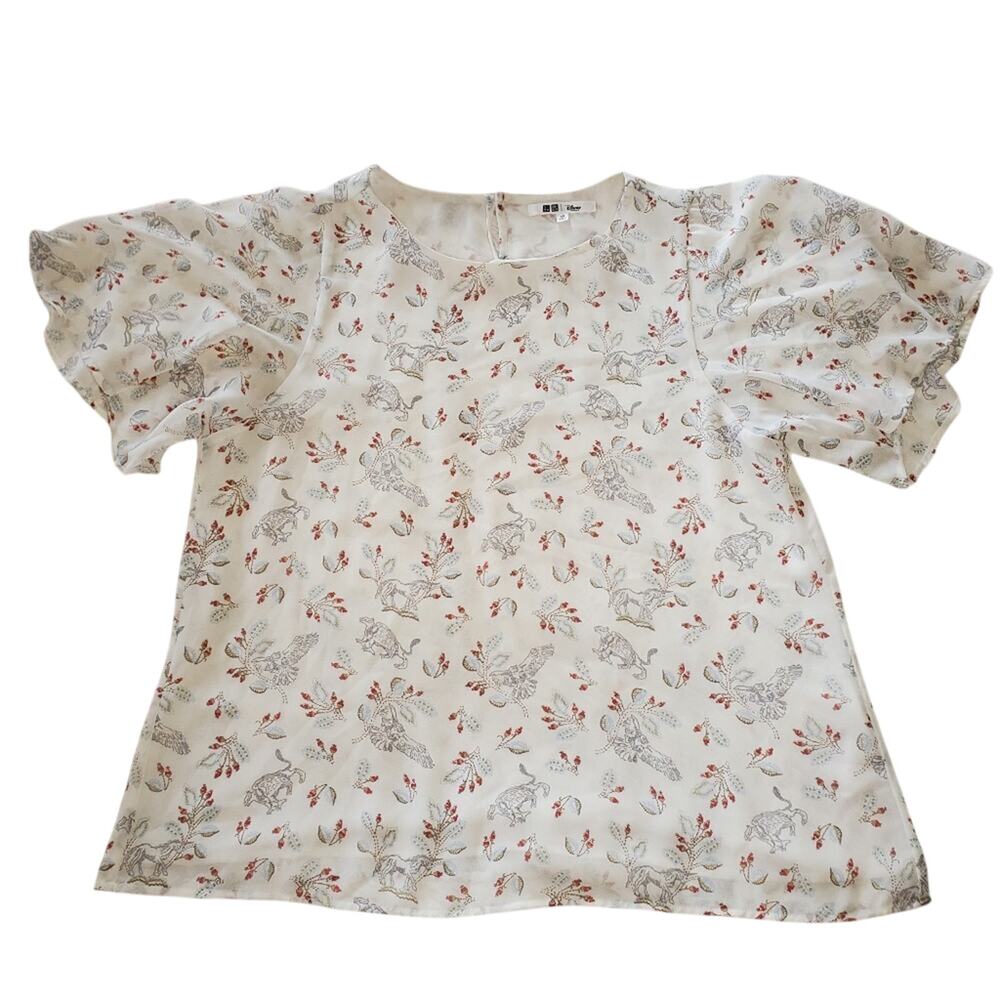 2/$30 Uniqlo Disney Beauty and the Beast Blouse White Gray Animals Flowers XS